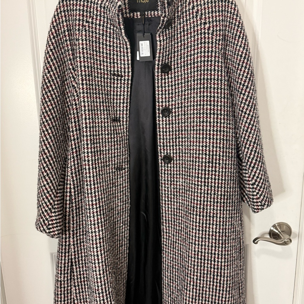 Maje Black and White Houndstooth Trench Coat